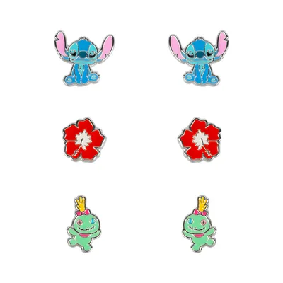 Set 3 Pares de pendientes Stitch Disney plata