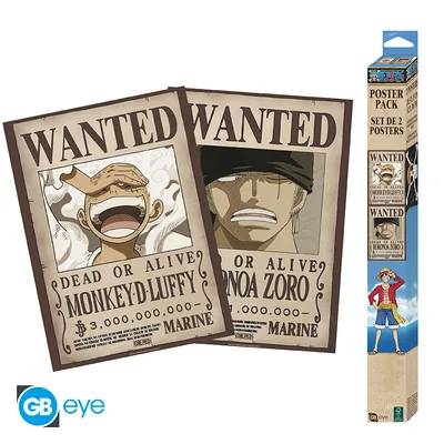 Set 2 pósteres Chibi One Piece Wanted Luffy y Zoro 52x38 cm