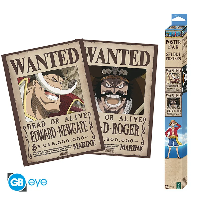Set 2 pósteres Chibi One Piece Wanted Roger y Barbablanca 52x38 cm