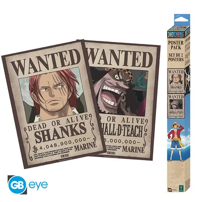 Set 2 pósteres Chibi One Piece Wanted Shanks y Barbanegra 52x38 cm