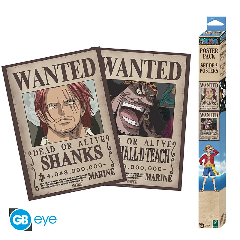 Set 2 pósteres Chibi One Piece Wanted Shanks y Barbanegra 52x38 cm