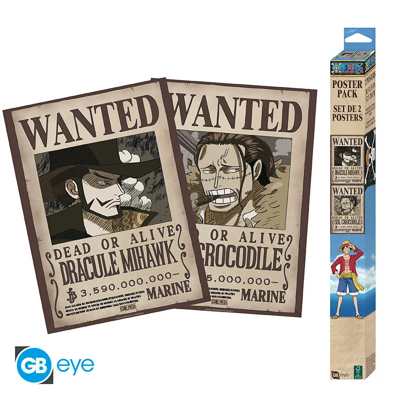 Set 2 pósteres Chibi One Piece Wanted Mihawk y Crocodile 52x38 cm