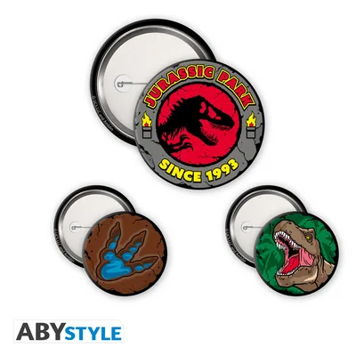 Pack de chapas Jurassic Park Logo y T-Rex