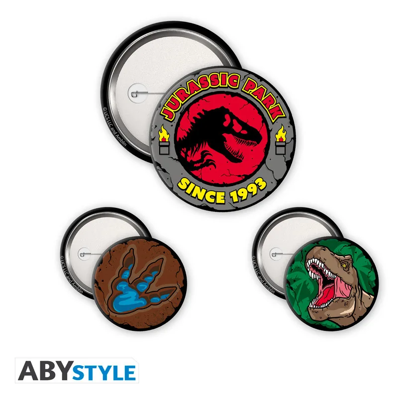 Pack de chapas Jurassic Park Logo y T-Rex