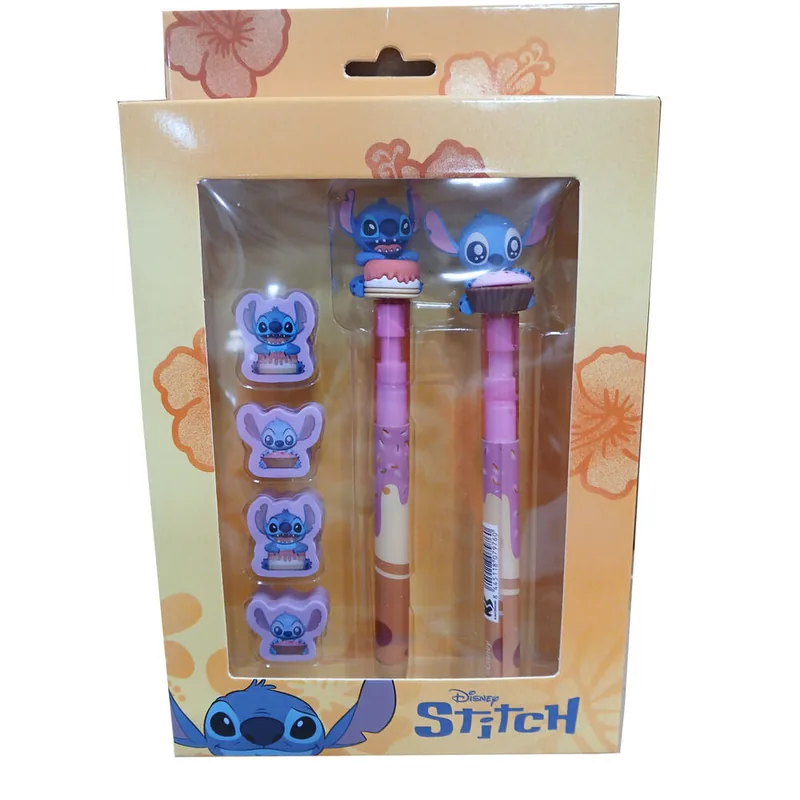 Blister Boligrafo + Lapiz + 4 gomas Stitch Disney